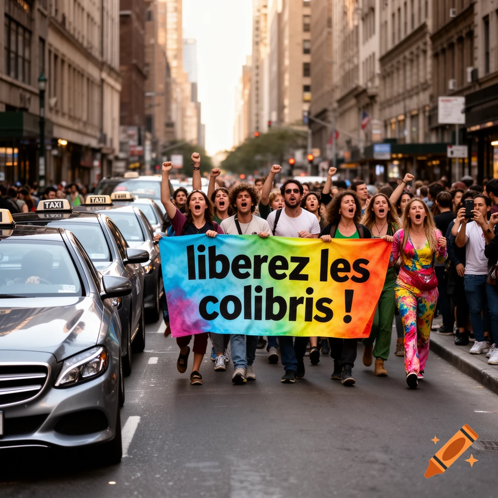 Photorealistic image of protesters marching down a city street, holding a rainbow banner that reads 'liberez les colibris !' alongside parked taxis.