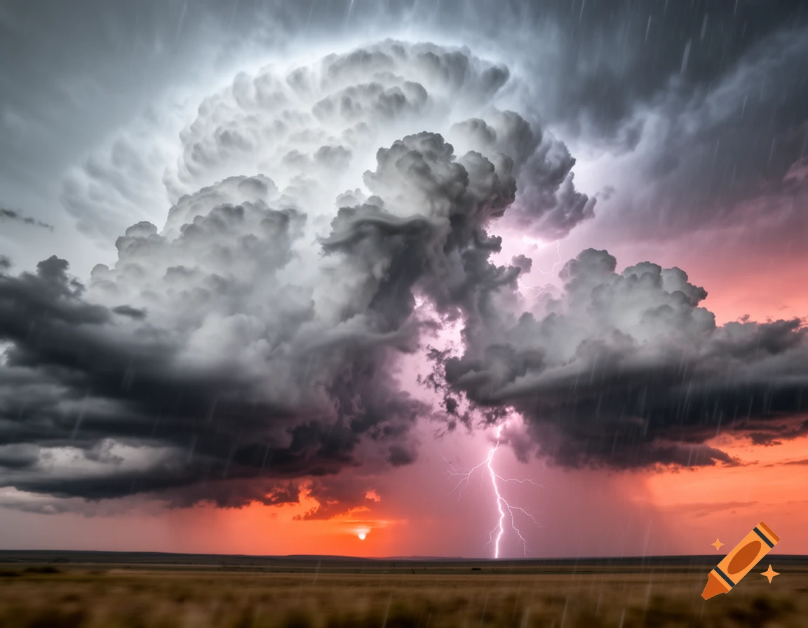 Photorealistic image of a massive cumulonimbus storm cloud with lightning striking over a field at sunset with rain falling.