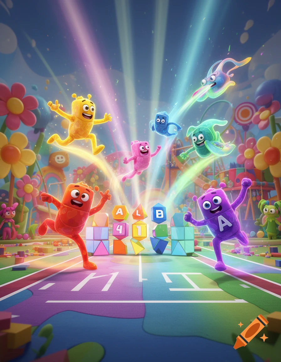 Vibrant cartoon creatures with letters and numbers, including a purple character with an 'A', in a whimsical, colorful setting with rainbow light beams.