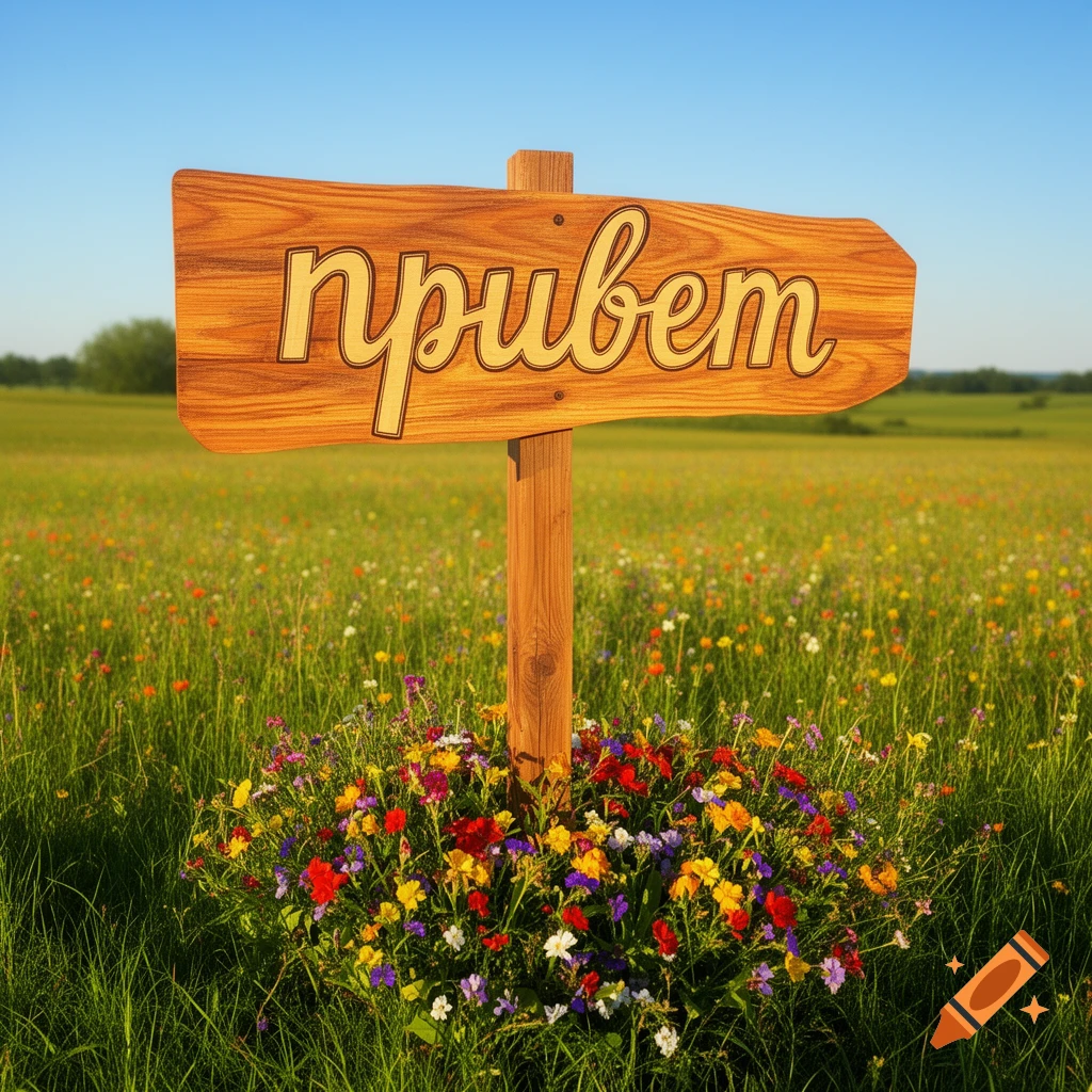 A wooden arrow-shaped sign with the Russian word "привет" (hello) stands in a vibrant field of wildflowers under a clear blue sky.