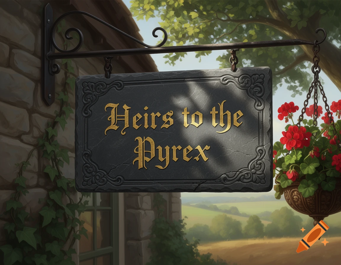A slate sign with gold Old English text saying 'Heirs to the Pyrex' hangs from a stone building next to a red flower basket, with a green landscape in the background.