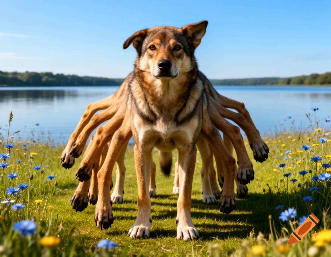 A photorealistic dog with numerous legs stands in a field of wildflowers by a lake under a clear blue sky.