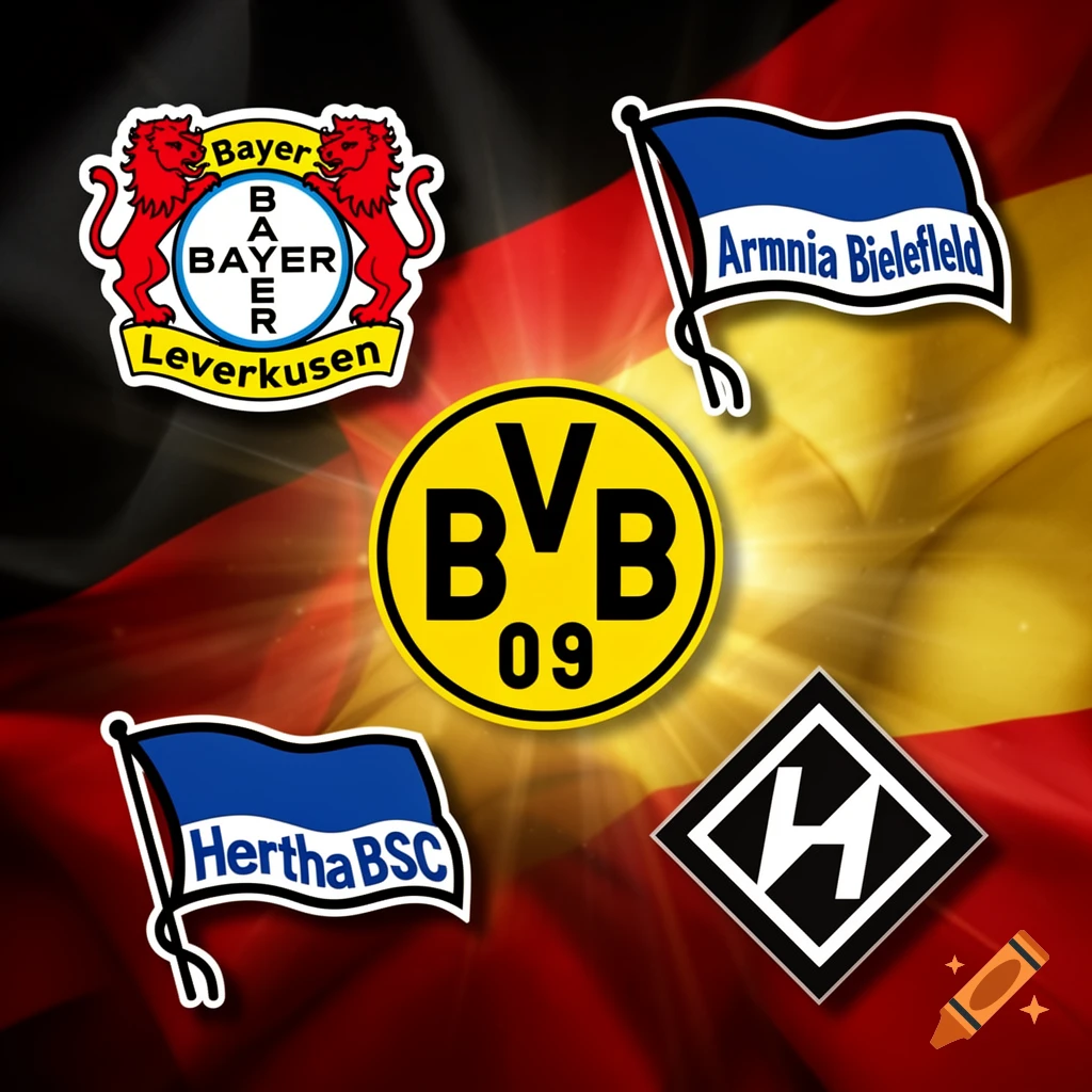 A collage featuring five German football club logos: Bayer Leverkusen, Arminia Bielefeld, Borussia Dortmund, Hertha BSC, and Hamburger SV, on a background resembling the German flag.