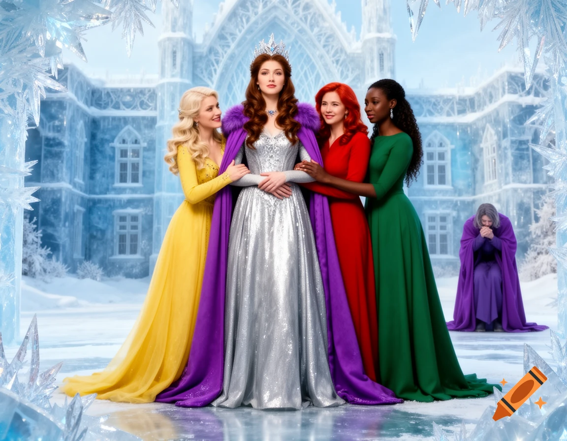 A queen in a silver dress and purple cape stands with three women in colorful gowns in front of an ice castle, with a crying woman in purple in the snowy background.