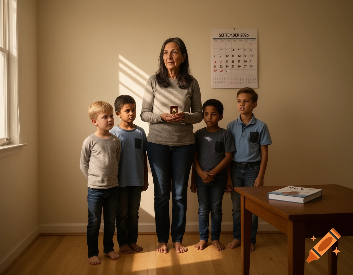 A woman and four boys stand barefoot in a sunlit room. The woman holds a small framed picture. A calendar and a book are on a table.