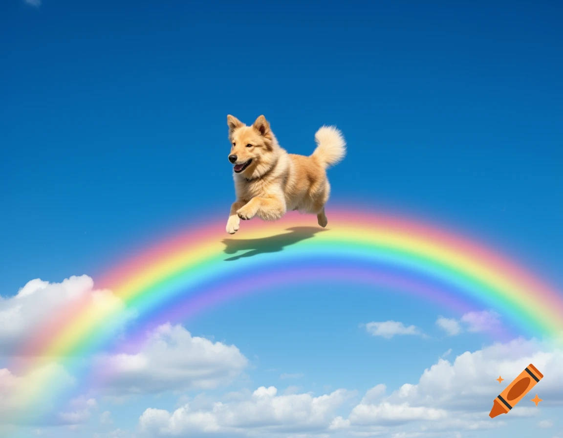 A happy golden-brown dog runs mid-air above a vibrant rainbow, against a clear blue sky with fluffy white clouds.