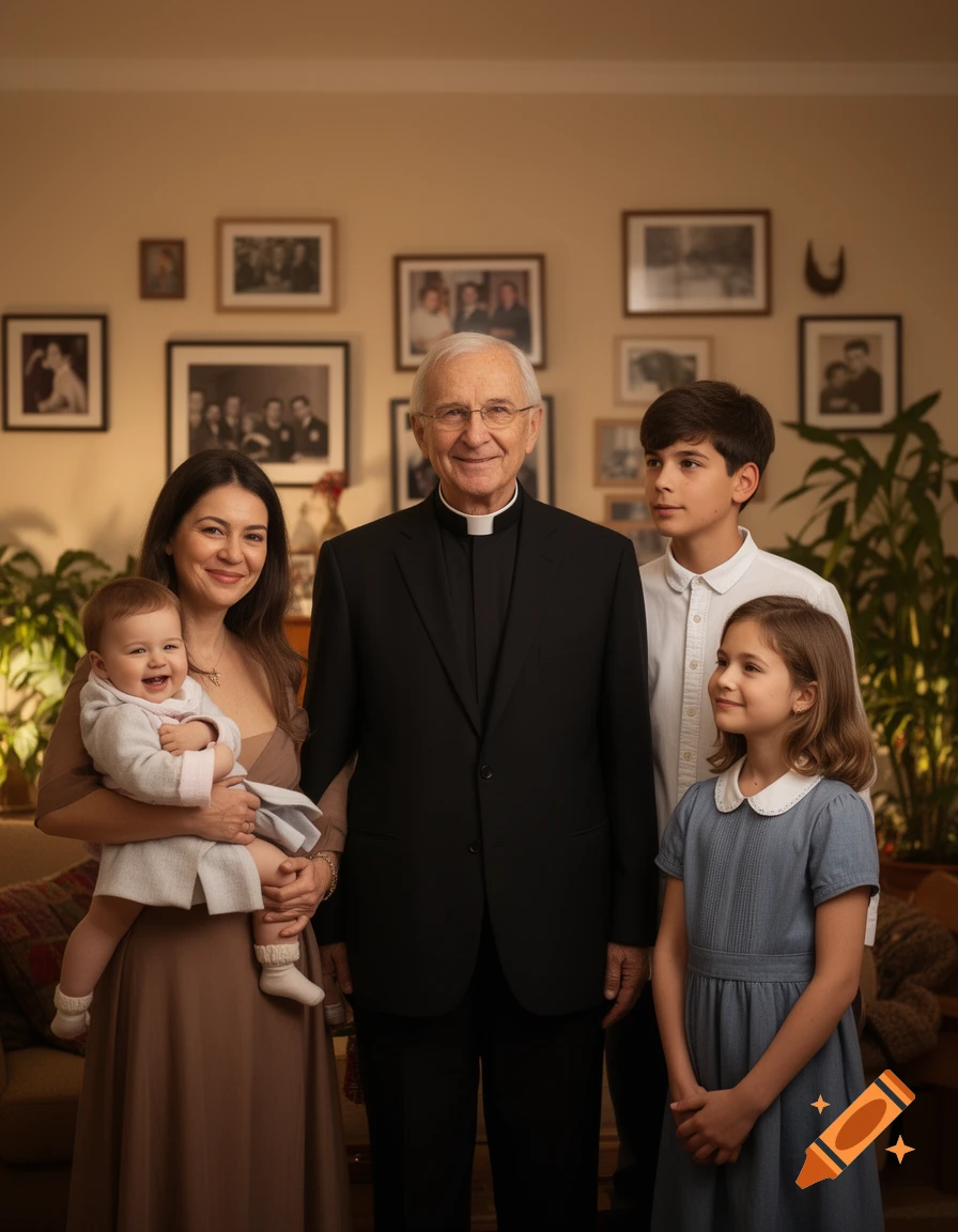 Photorealistic portrait of a smiling priest, a woman holding a happy baby, and two children standing in a cozy living room with framed photos.