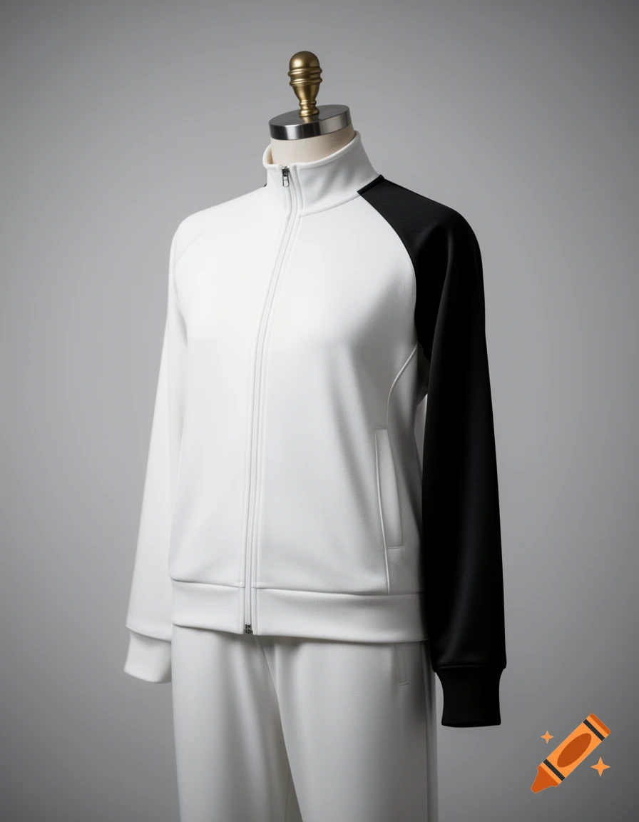 White tracksuit with a black right sleeve displayed on a mannequin against a gray background.