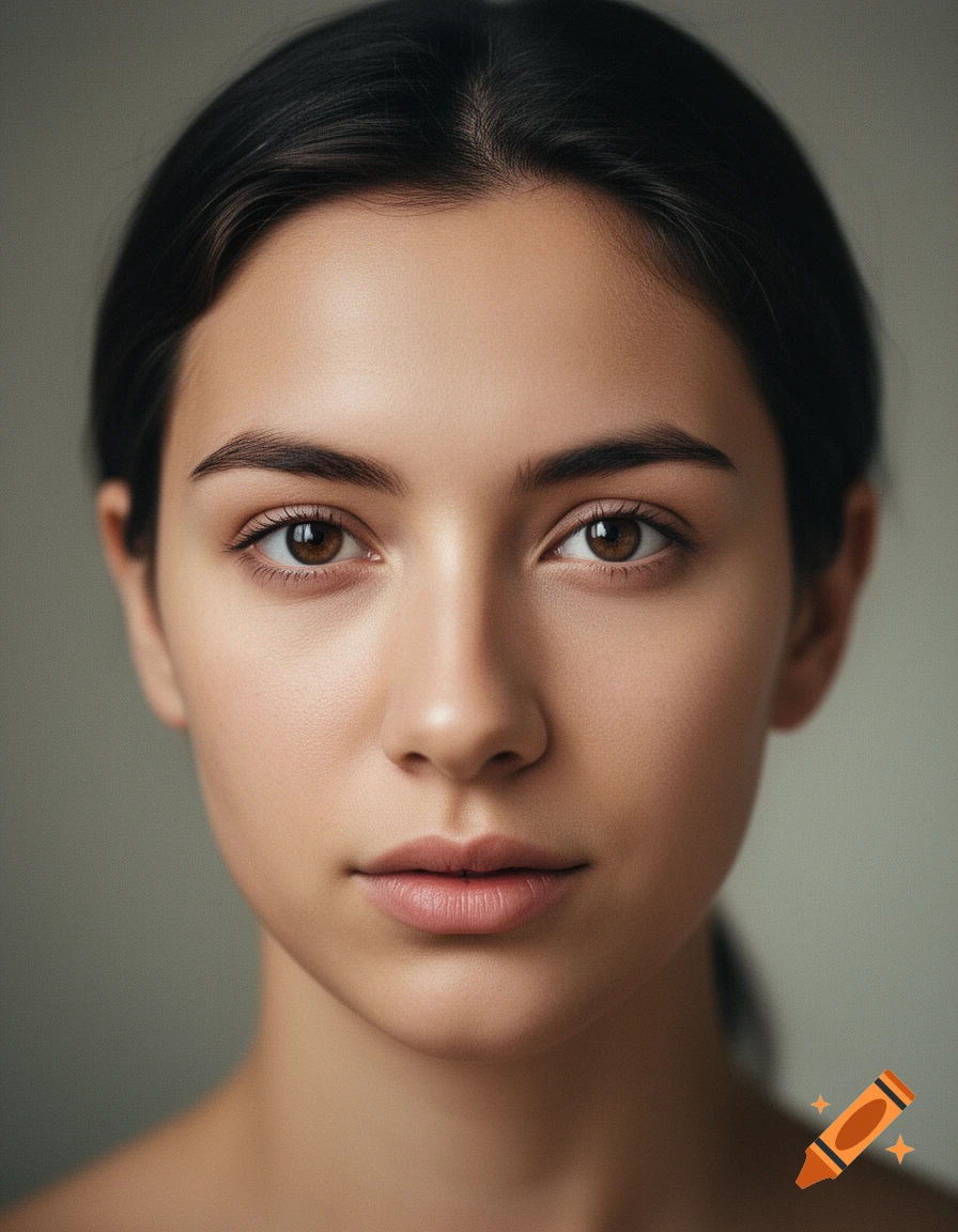 Photorealistic close-up portrait of a young woman with dark hair and brown eyes, looking directly at viewer.