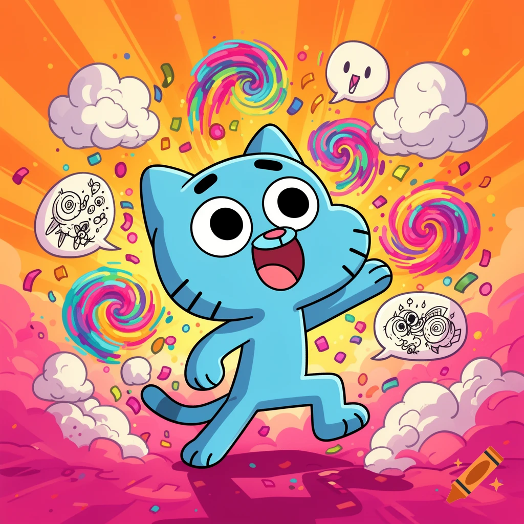 The cartoon character Gumball is seen mid-stride, smiling with open mouth and raised hand, surrounded by colorful swirls, confetti, and clouds against a radiant orange and pink background.