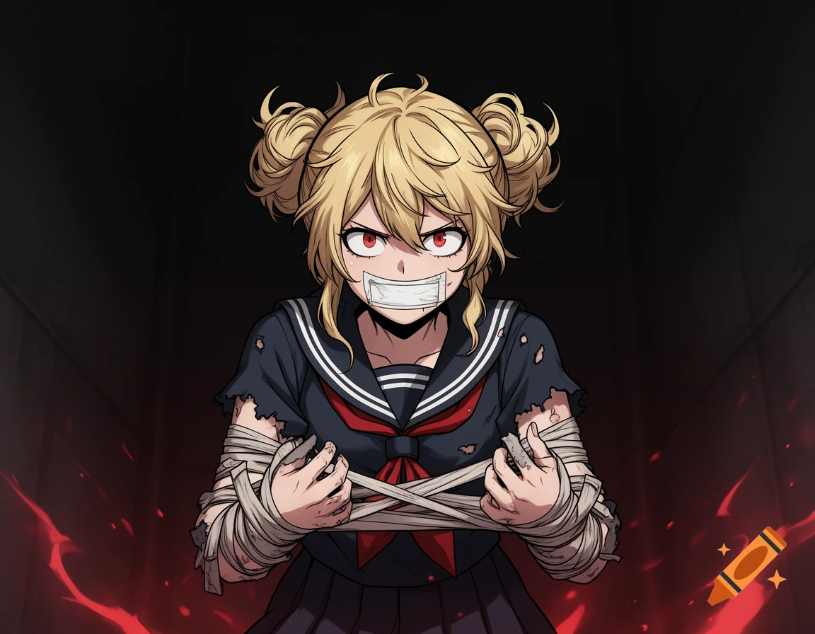 Anime character Toga Himiko, mouth taped and hands bandaged, wearing a torn school uniform, with an angry expression against a dark, red-lit background.