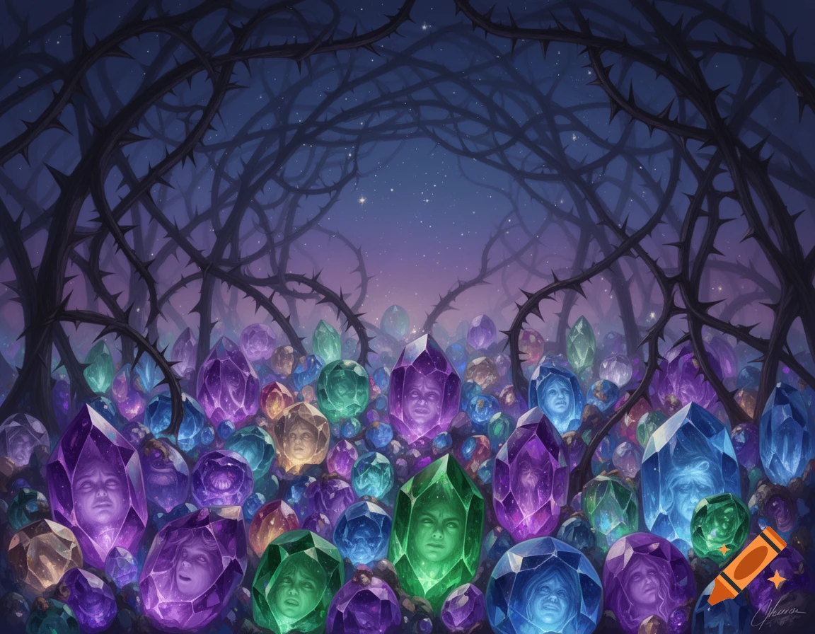 Glowing multi-colored crystals with trapped faces under dark, thorny branches against a starry night sky, in an illustrative style.
