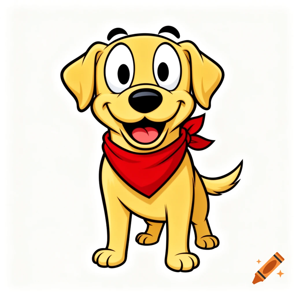 A happy cartoon yellow Labrador dog with big eyes and a red bandana stands against a white background.
