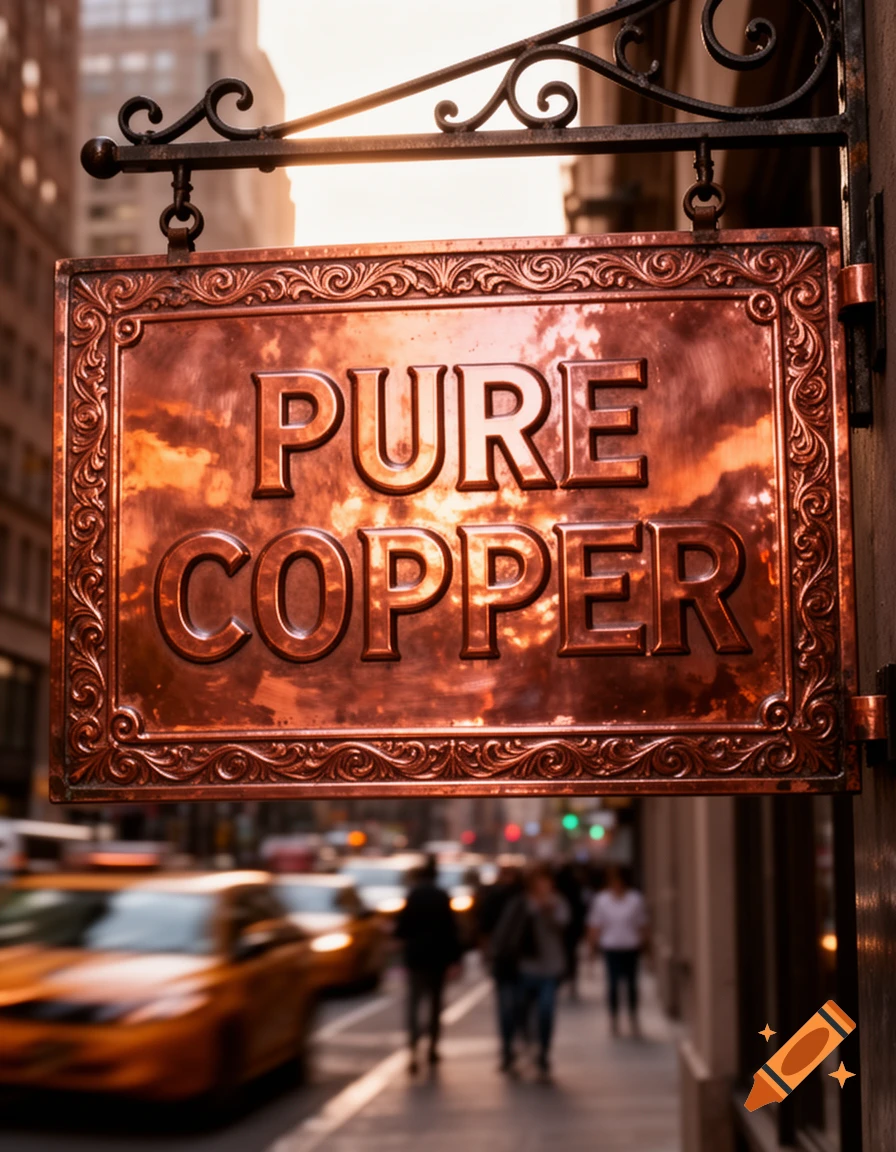 Photorealistic image of a decorative copper sign reading 'PURE COPPER' hanging on a building, with a busy city street blurred in the background.