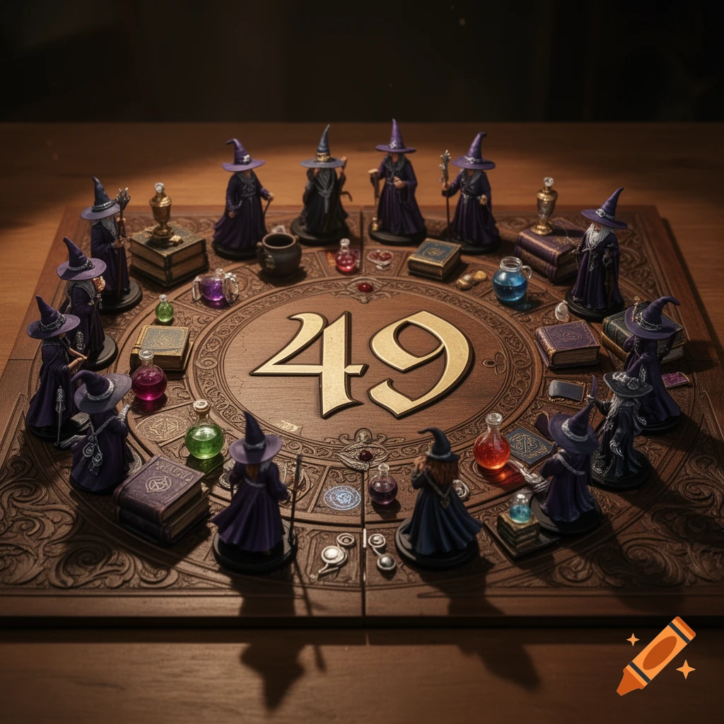 A photorealistic image of a wizard and witch themed board game with miniature figures, potions, and spellbooks surrounding the central number 49.