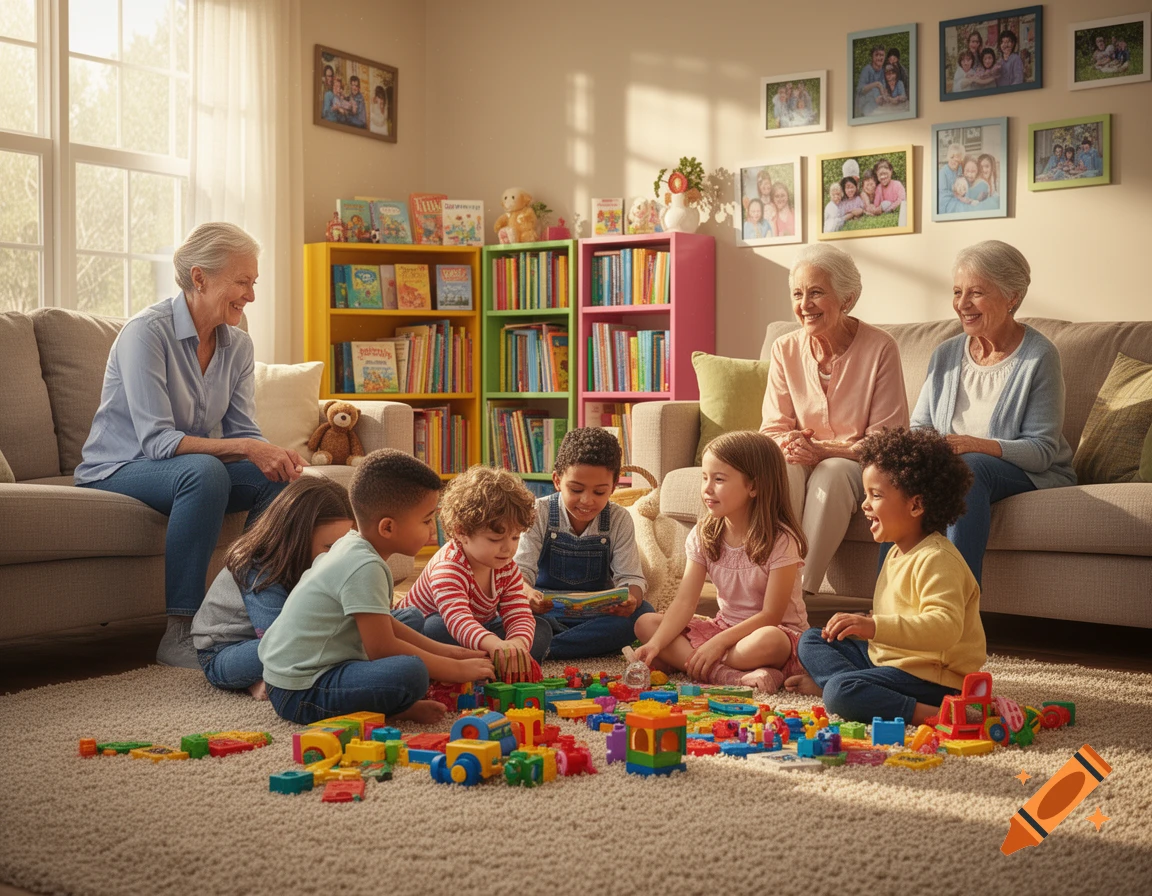 Three elderly women and five children playing with colorful building blocks on a rug in a sunlit living room.