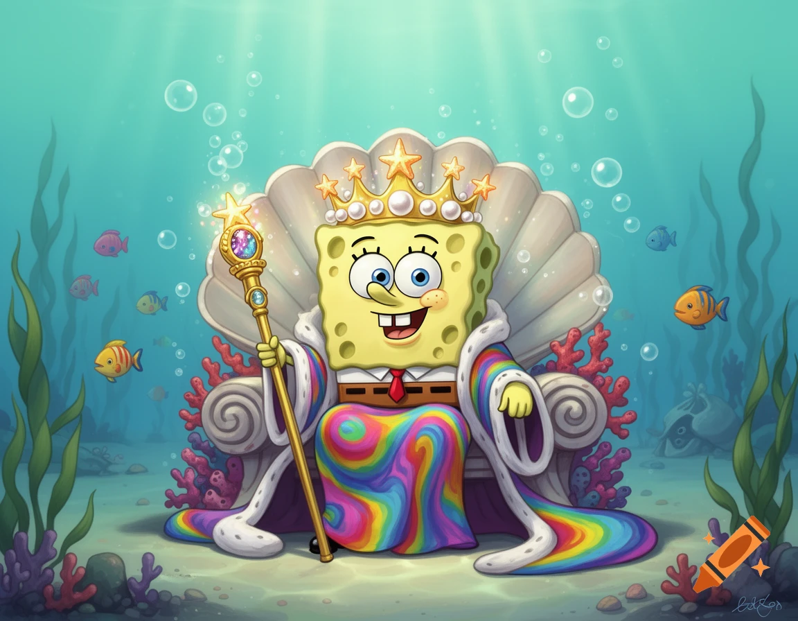 SpongeBob SquarePants sits on a clam shell throne underwater, wearing a crown and a rainbow royal robe, holding a glowing scepter.