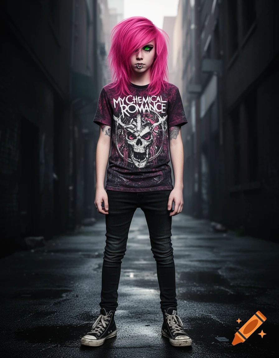Photorealistic image of an emo person with bright pink hair, green eyes, wearing a 'My Chemical Romance' band shirt, black jeans, and Converse shoes, standing in a dark alleyway.