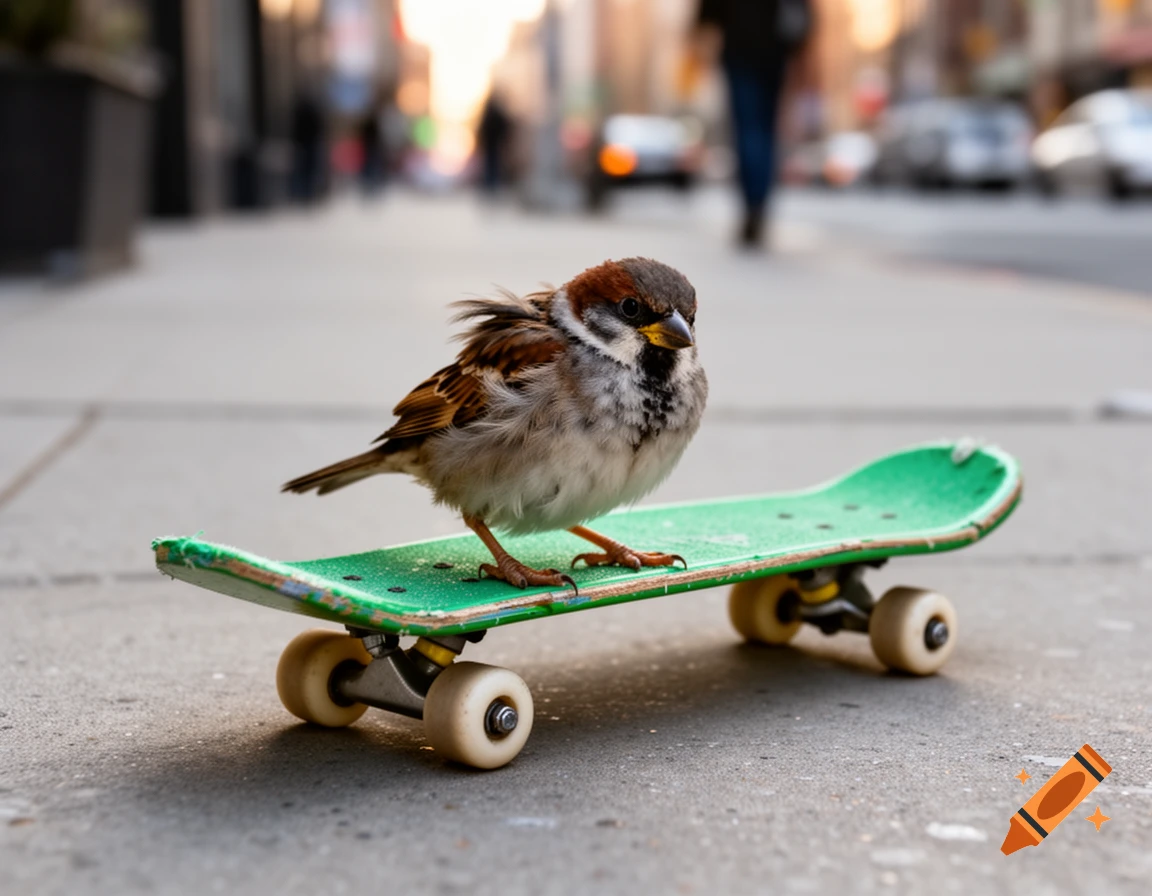 A photorealistic image of a small sparrow standing on a green skateboard on a city sidewalk.
