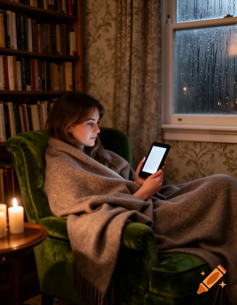 A woman wrapped in a blanket reads an e-reader in a cozy armchair by a rainy window, next to a bookshelf.