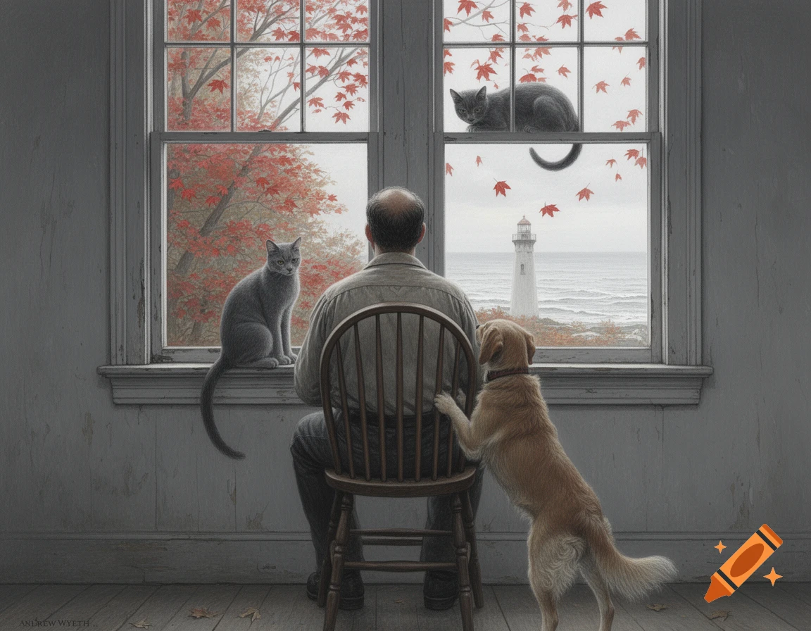 An Andrew Wyeth-style painting of a man, dog, and two cats looking out a window at an autumn scene with a lighthouse and ocean.