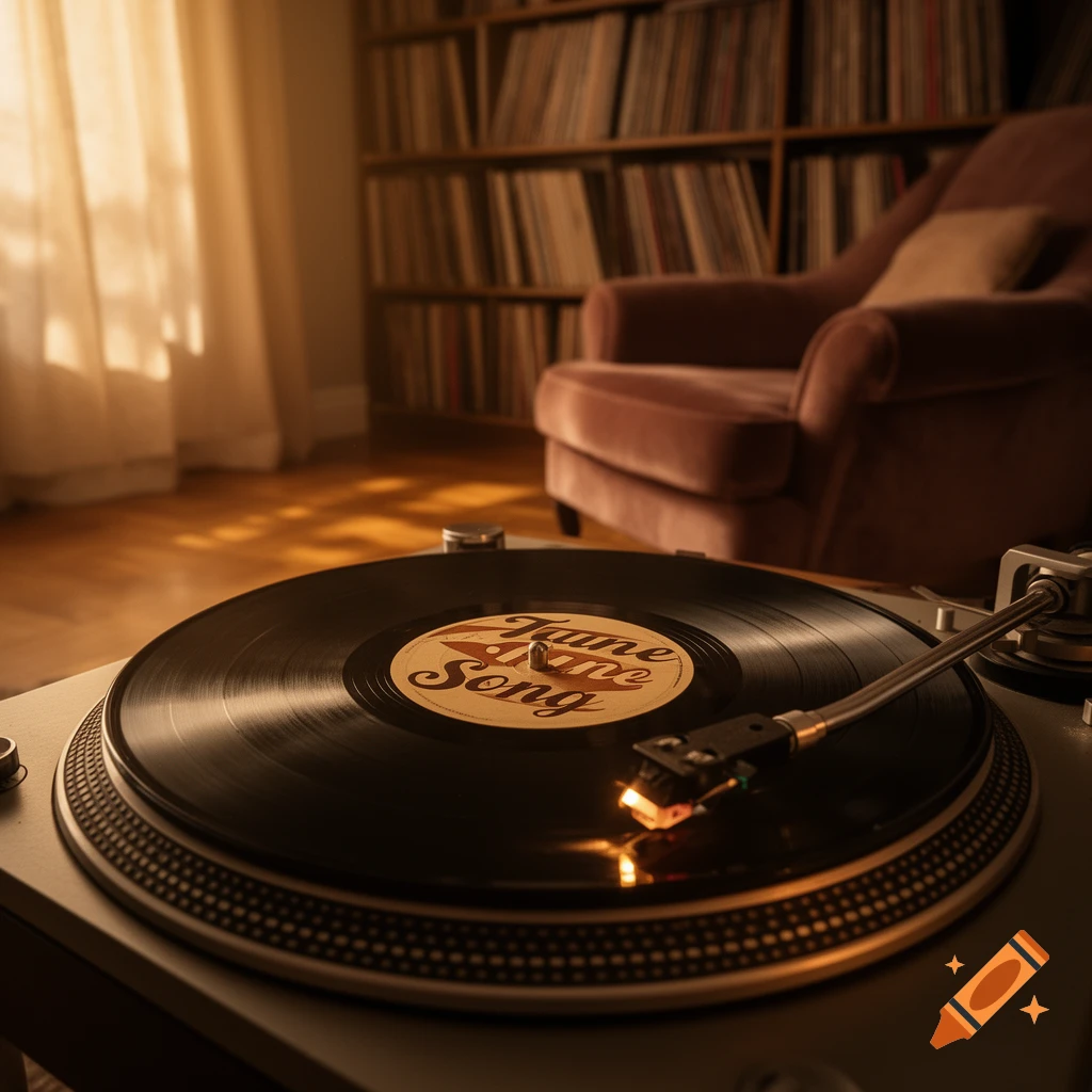 Close-up of a turntable playing a vinyl record labeled 'Tune Tune Song' in a warmly lit room with a bookshelf and armchair.