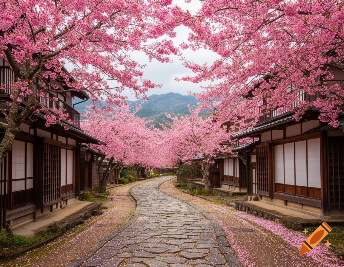 A winding cobblestone path through a traditional Japanese village lined with vibrant pink cherry blossom trees, with mountains in the background.