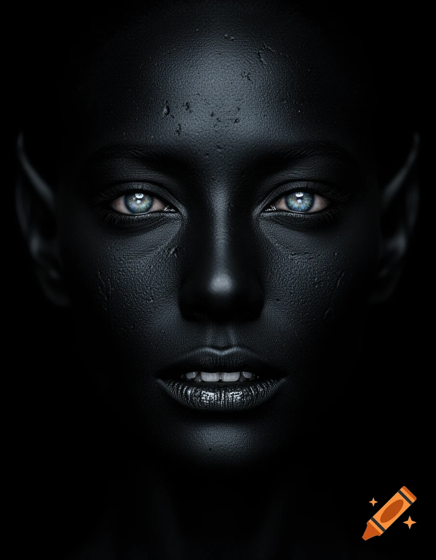 Close-up of a fantasy character with dark black skin, piercing blue eyes, pointed ears, and metallic lips.