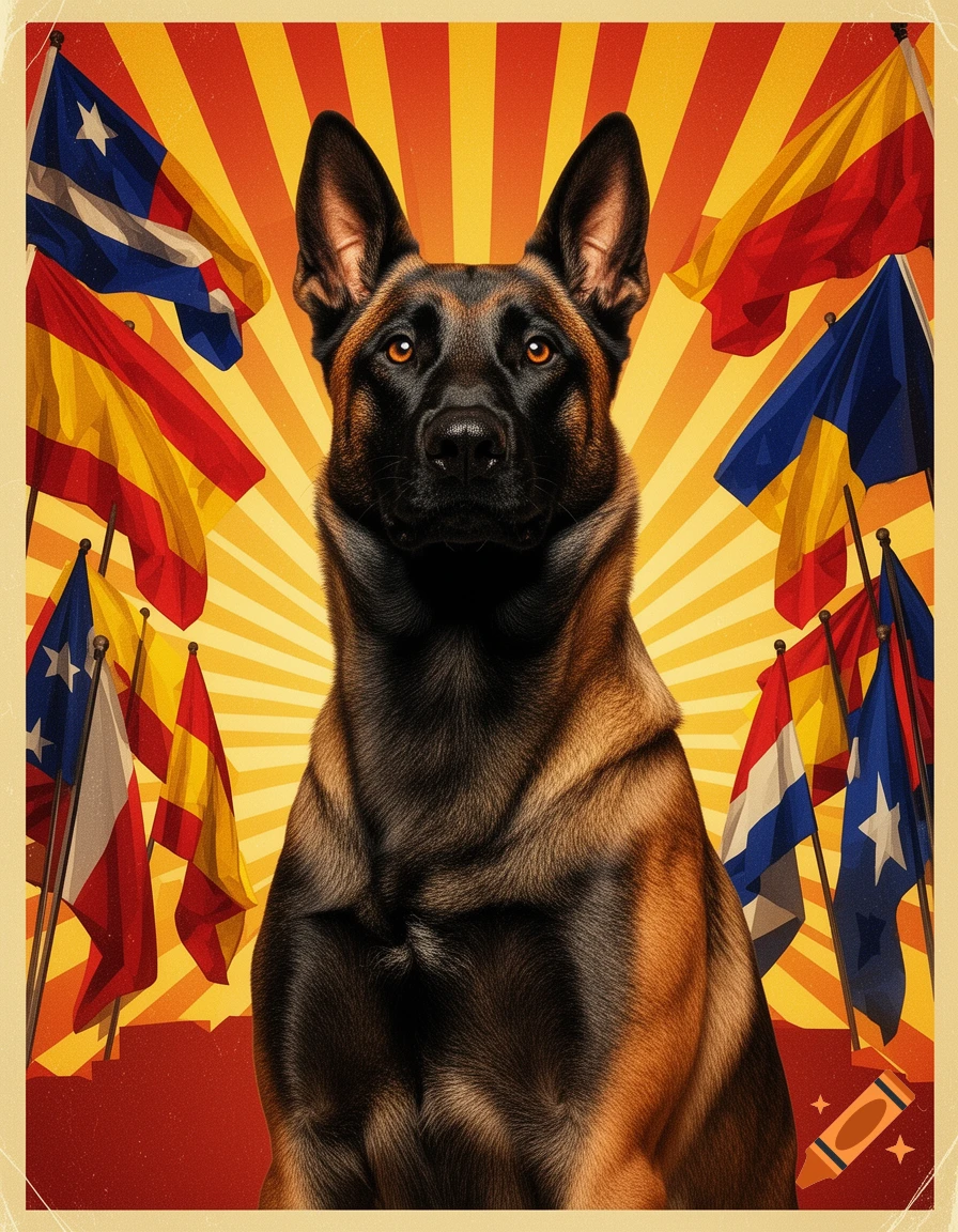 A Belgian Malinois dog in a heroic propaganda poster, centered against a red and yellow sunburst background, surrounded by various flags.
