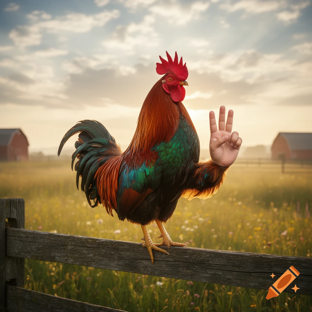 A photorealistic rooster on a wooden fence in a sunny farm field, with a human hand holding up three fingers where its wing should be.