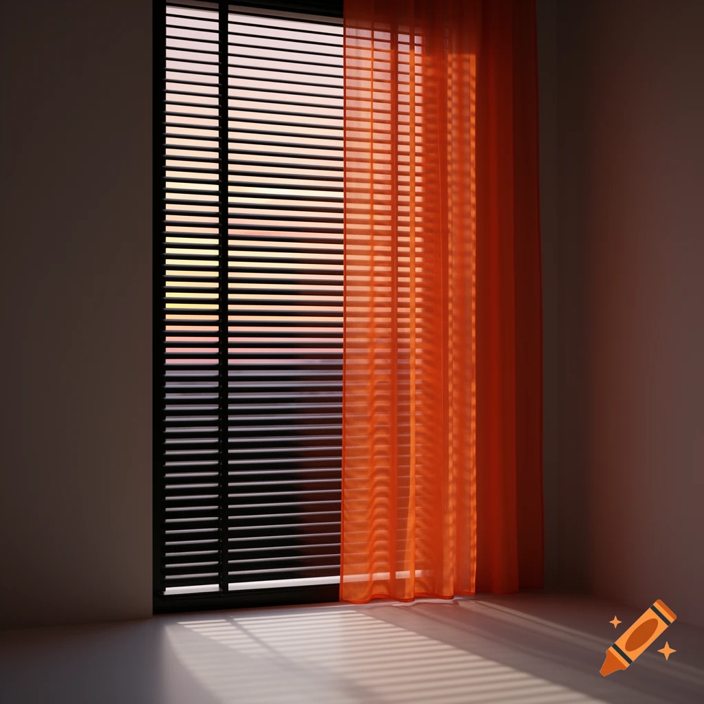 A window with black horizontal blinds and an orange sheer curtain, illuminated by sunlight casting striped shadows on the floor.