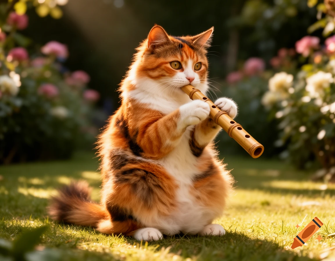 A fluffy calico cat sits upright on sunlit green grass, playing a wooden flute in a vibrant garden with blurred flowers.