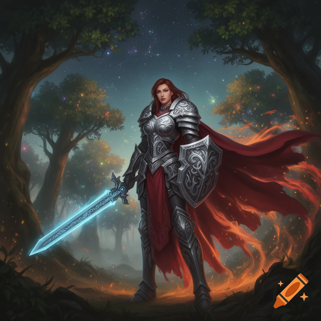 A red-haired female warrior in detailed plate armor holds a glowing blue sword and shield in an enchanted forest under a starry sky.