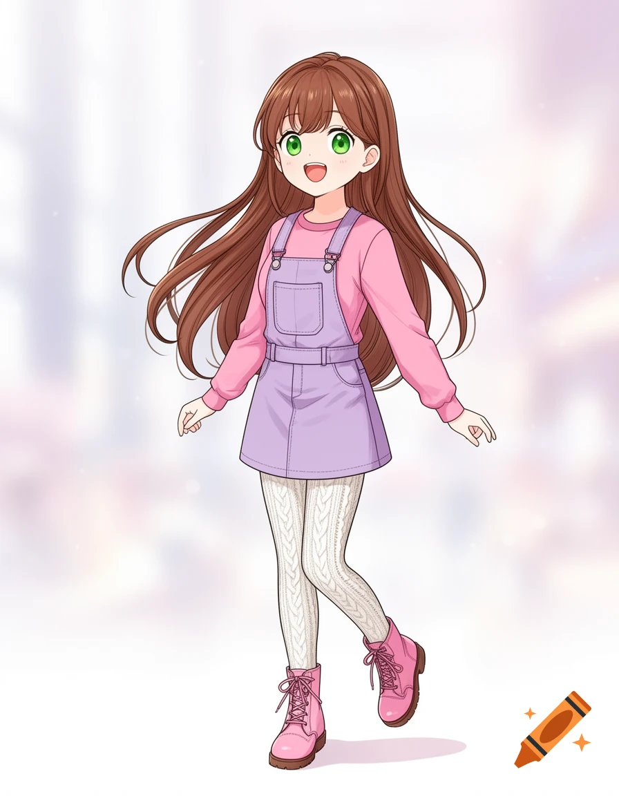 Manhwa art style young woman with long brown hair, green eyes, pink shirt, purple overalls skirt, white tights, and pink boots.