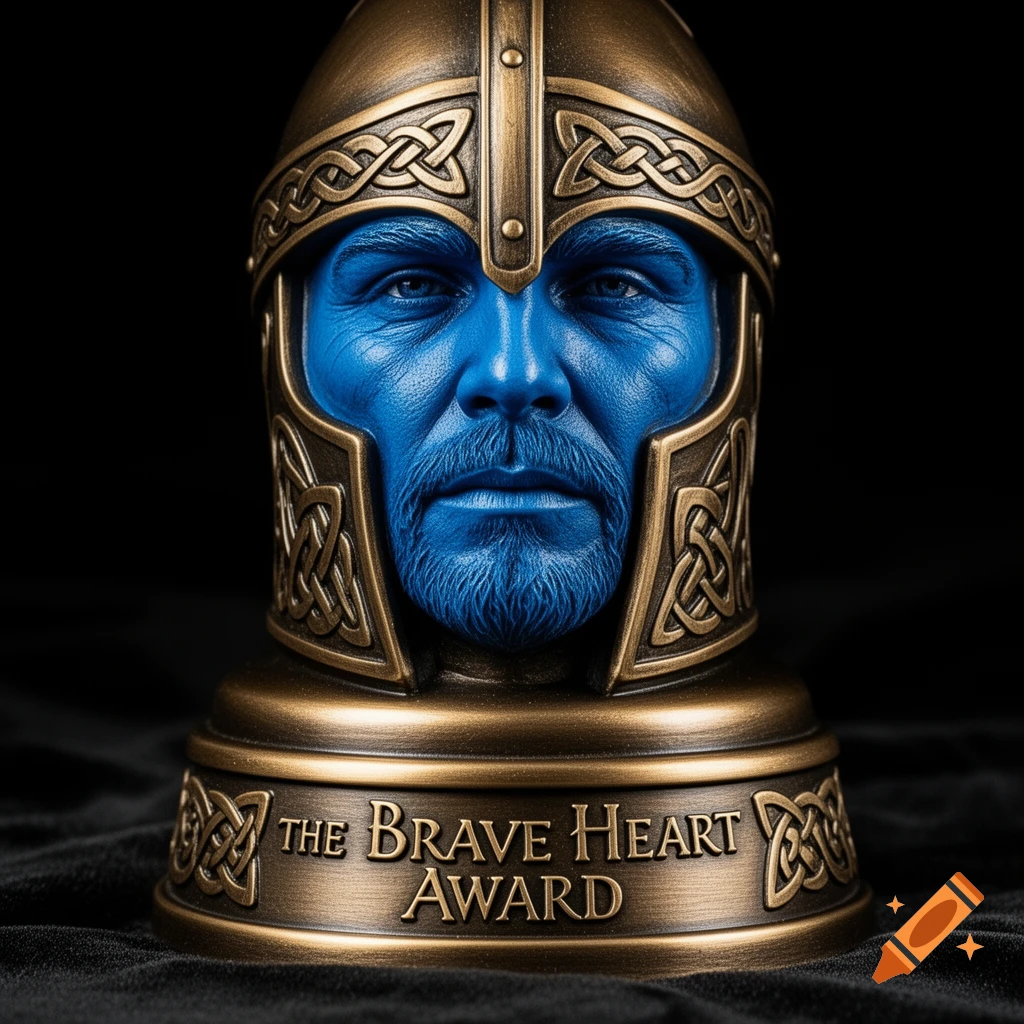 A photorealistic trophy with a warrior's helmet, blue-painted face, and Celtic knot details, inscribed "The Brave Heart Award".