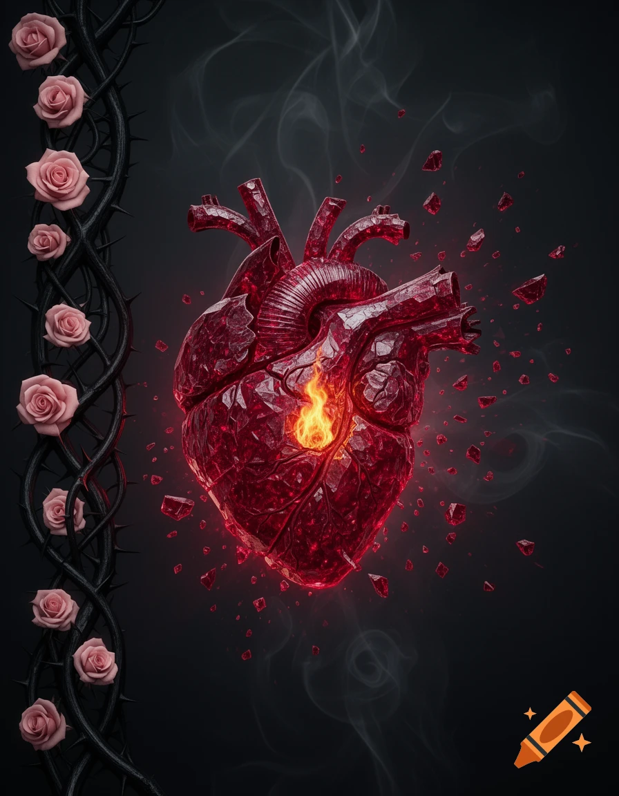 Stylized ruby glass anatomical heart shattering with a glowing flame inside, surrounded by smoke, framed by black thorns and pink roses on a dark background.
