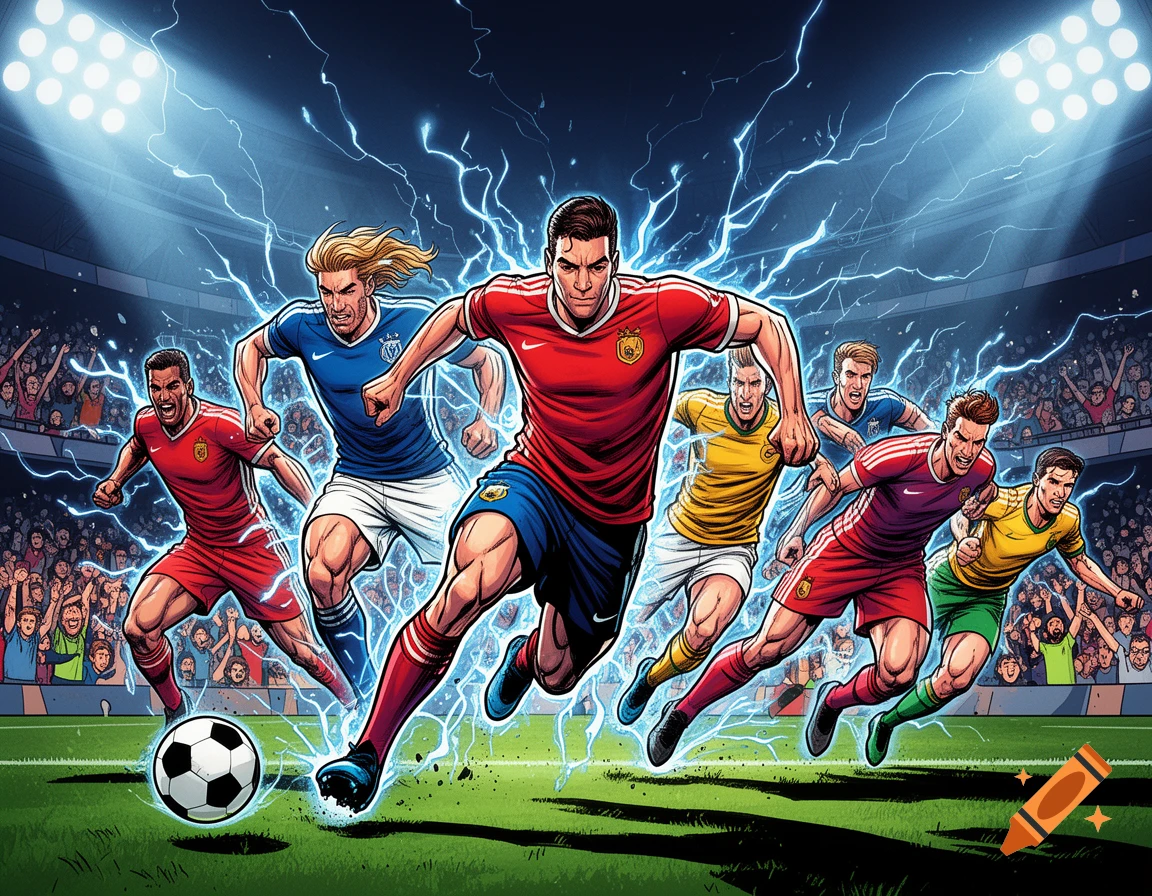 Comic book style illustration of powerful football players with electric energy on a field during a game in a stadium.