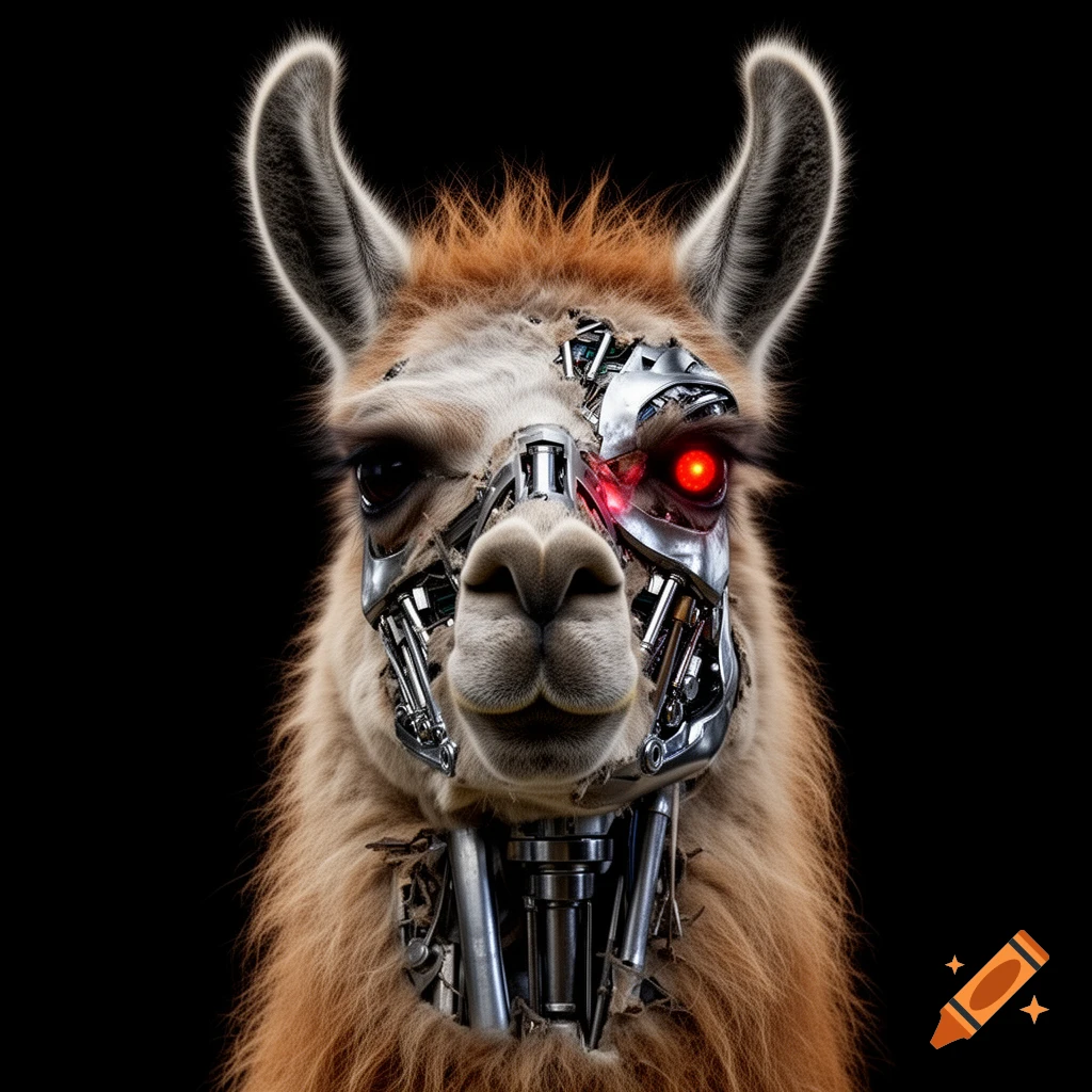 A photorealistic close-up of a llama with its head and neck partially replaced by metallic Terminator-like robotic parts and a glowing red eye.