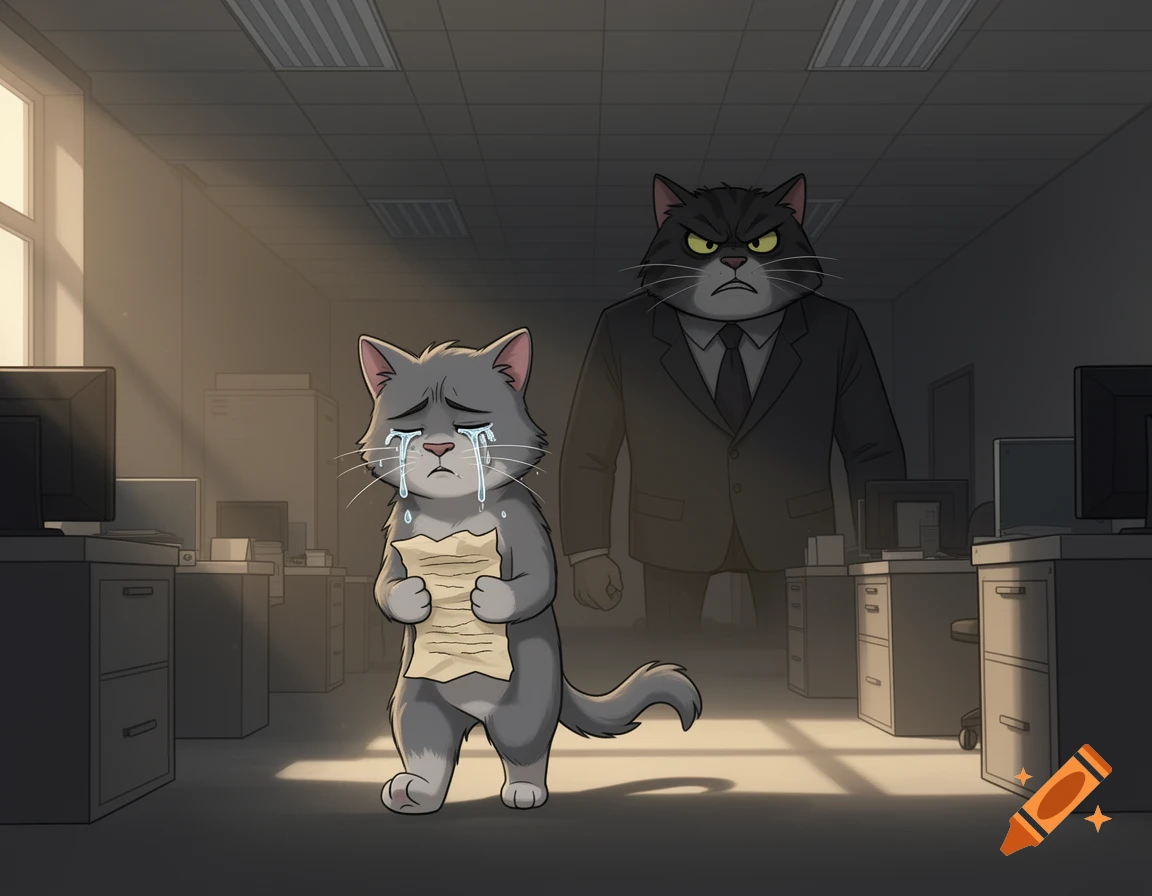 A crying cartoon gray cat holds a crumpled paper in a dimly lit office, while an angry, larger cat boss in a suit stands behind it.