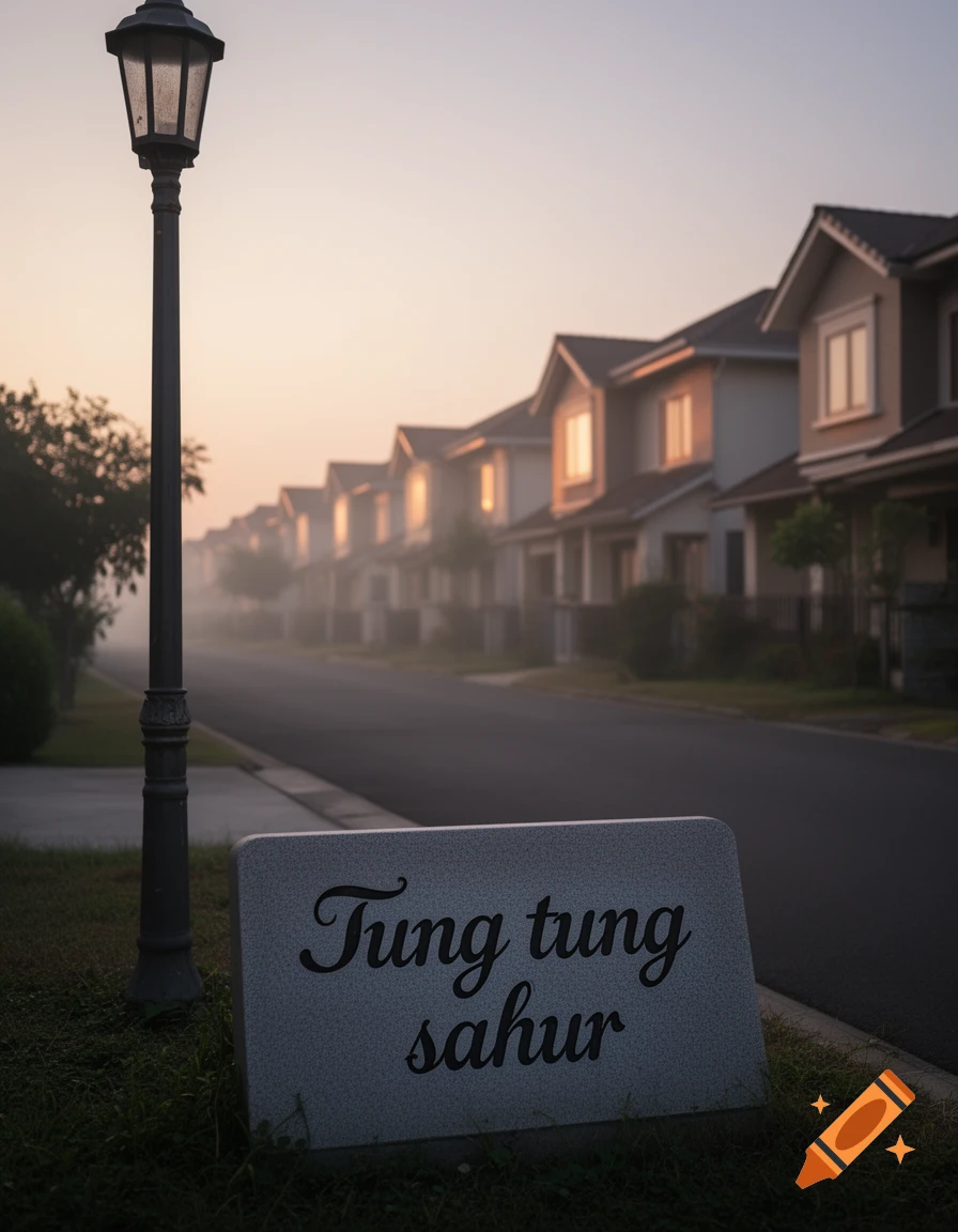 A misty morning on a quiet residential street, with a lamppost and a sign reading 'Tung tung sahur' in the foreground.