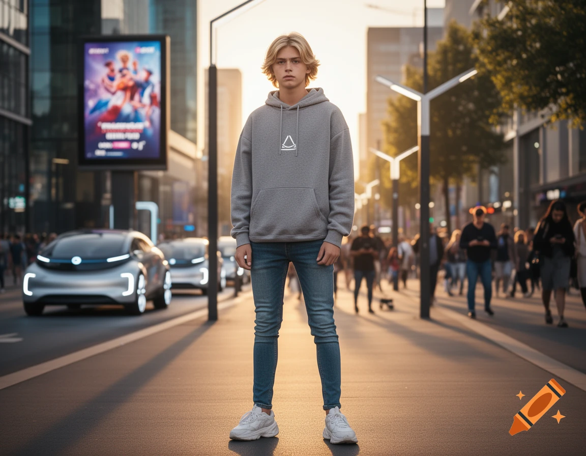 A young man with blonde hair stands in the middle of a modern city street, looking at the viewer. Futuristic cars and buildings are in the background.