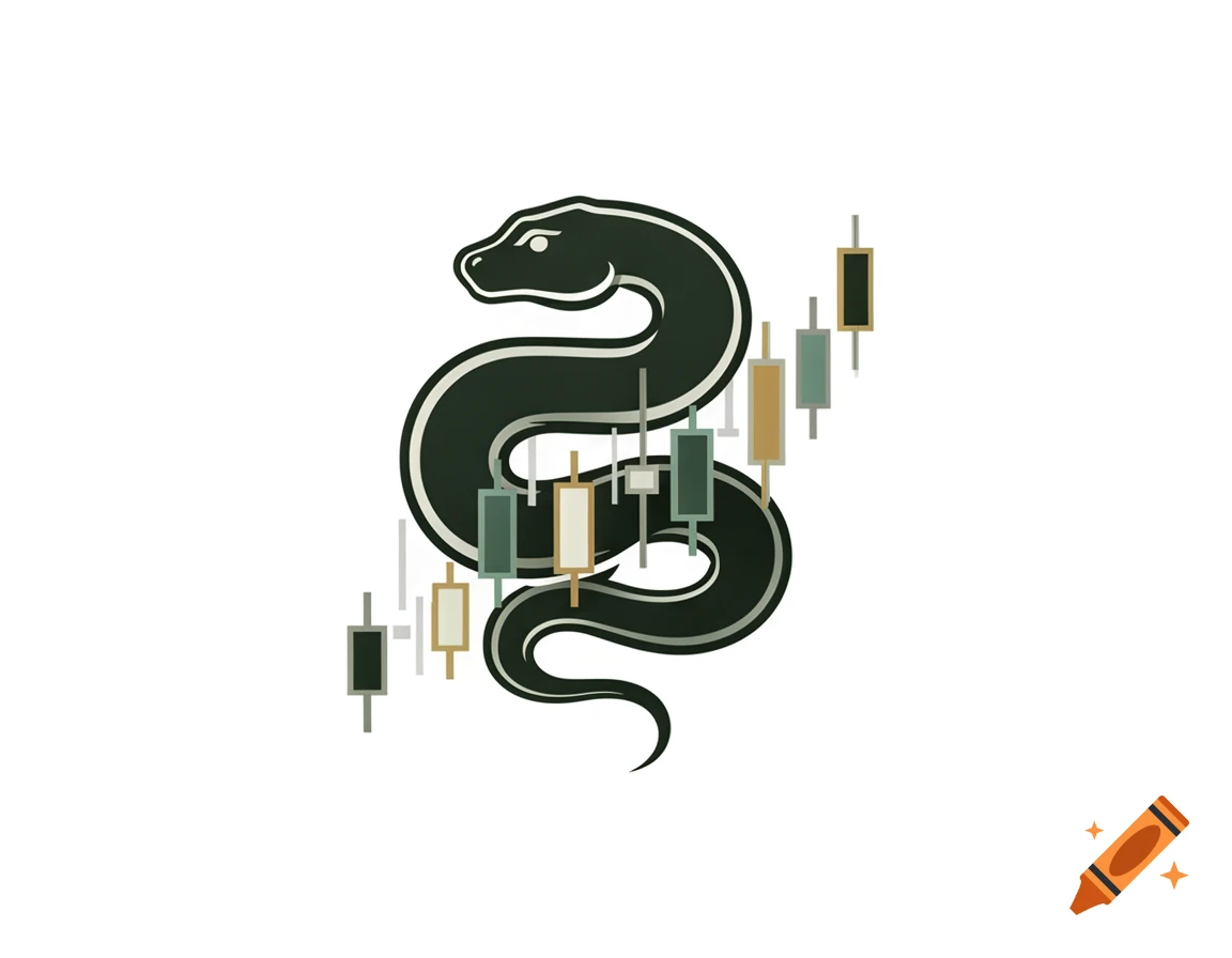 A stylized dark green snake coiled around and integrated with financial candlestick charts on a white background.