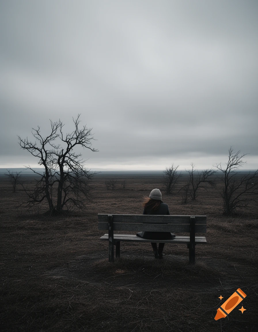 A person in a beanie sits on a bench, back to the viewer, in a desolate, barren landscape under a grey sky.