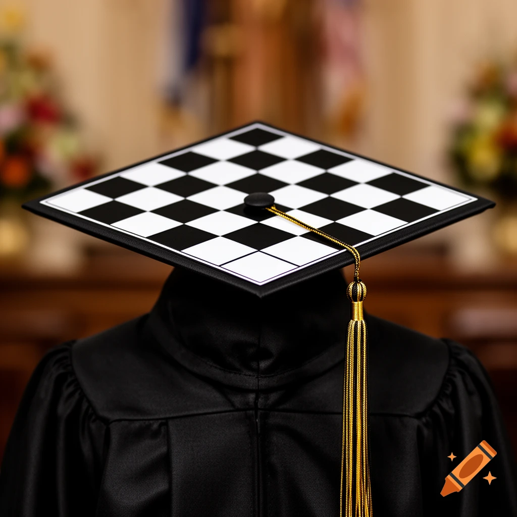A close-up, rear view of a person wearing a black graduation gown and a cap with a chessboard pattern on top, featuring a gold tassel.