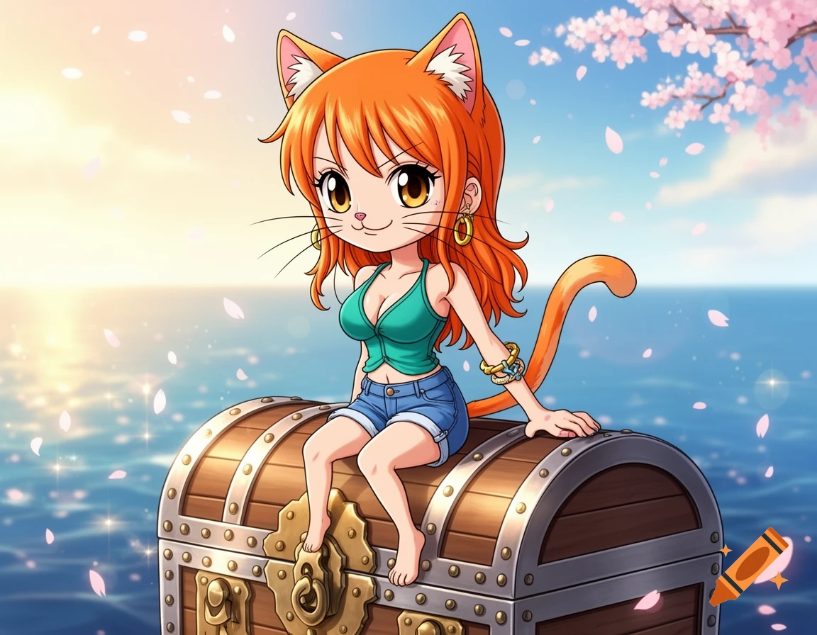 Chibi anime cat-girl Nami with orange hair sits on a treasure chest floating on the ocean with a sunset and cherry blossoms.