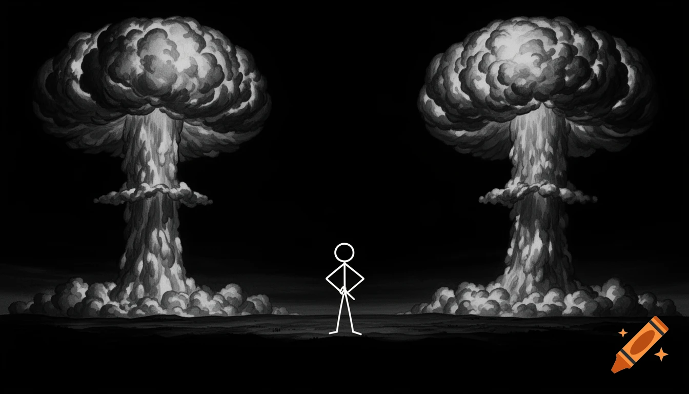 Minimalist illustration of a white stickman standing between two large, stylized mushroom clouds on a black background, high contrast.