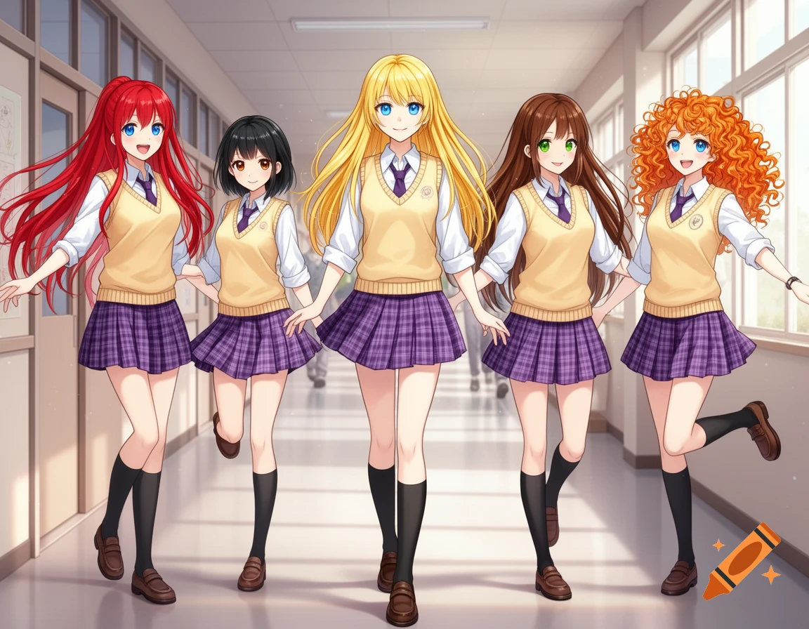 Five cheerful anime schoolgirls in yellow vests and plaid purple skirts walk in a school hallway.