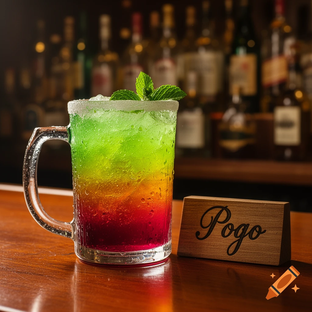 A vibrant, layered cocktail in a mug-style glass with a sugar rim and mint garnish, on a wooden bar counter next to a "Pogo" sign.