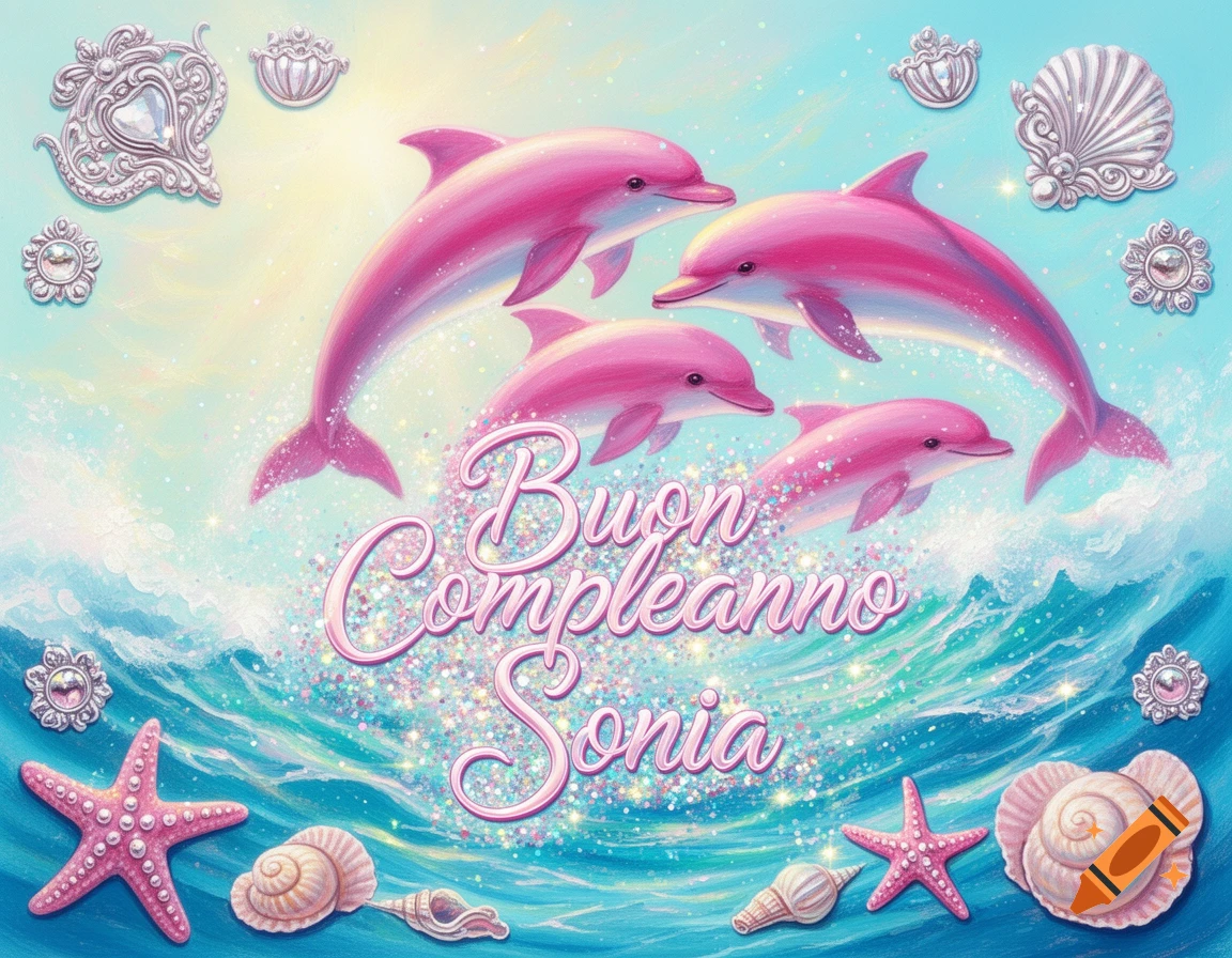 Illustrative birthday card with pink dolphins jumping over glittery waves, text 'Buon Compleanno Sonia', and scattered starfish and shells.