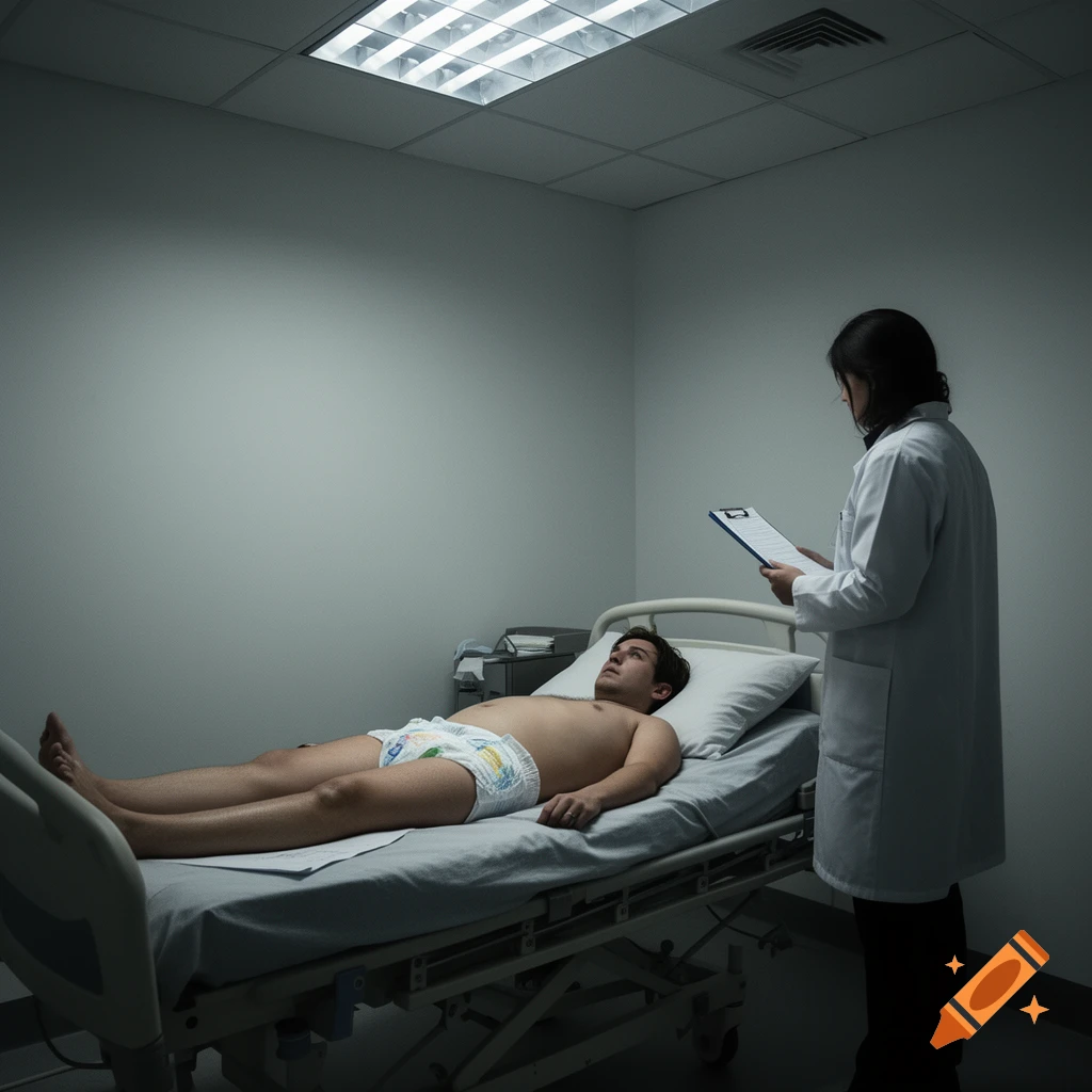 A man in an adult diaper lies on a hospital bed as a doctor in a white coat stands over him, holding a clipboard, in a dimly lit room.